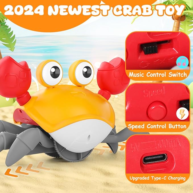 Crawling Crab Baby Toy, Upgraded Tummy Time Gifts for Newborn Babies 3-6 6-12 Month, Light-Up Walking Dancing Moving Crab with Music & Obstacle Avoidance, Rechargeable Sensory Development Toy (Orange)