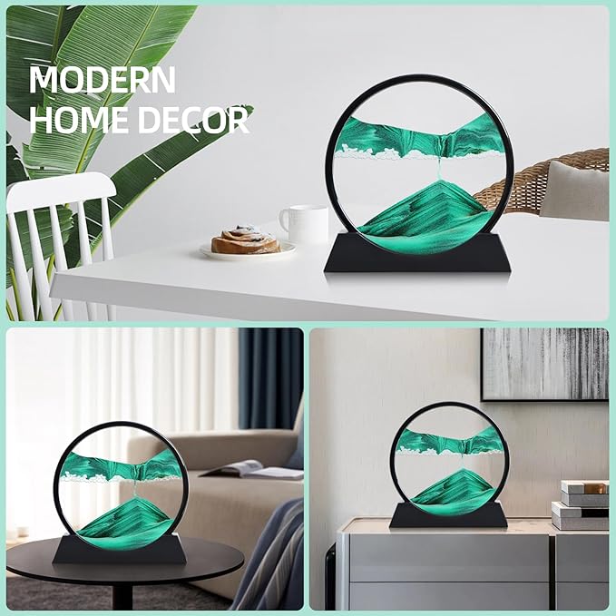 Moving Sand Art Liquid Motion, 3D Deep Sea Sandscape Color Quicksand Decor, Round Glass Moving Sand Art Picture Relaxing Desktop Home Office Work Decor (Green, 12 inch)
