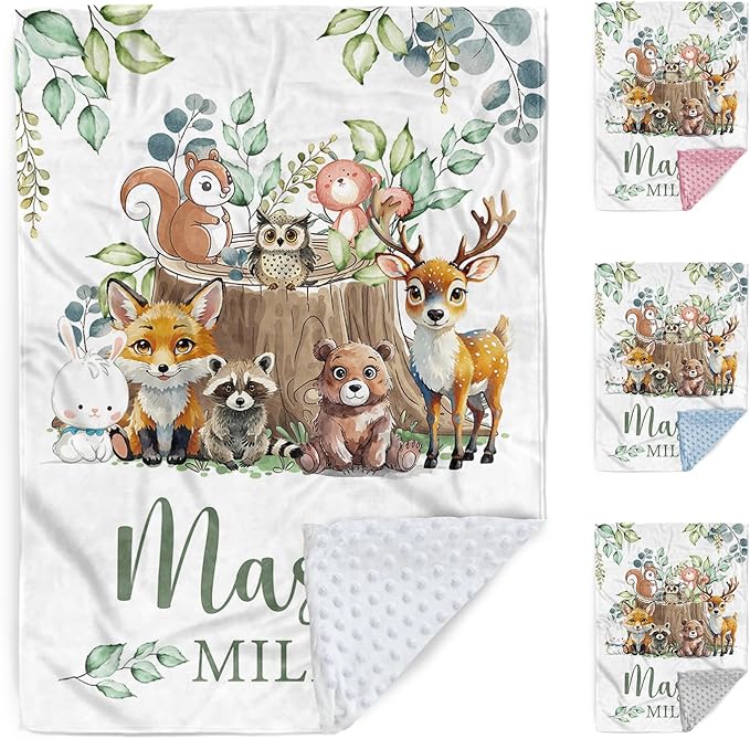 Custom Baby Blanket with Name, Customized Blanket for Newborn Boys Girls, Forest Animals Flannel Double Layer Dotted Backing Receiving Swaddle, Cute Keepsake Gifts for New Parents(47"x60")