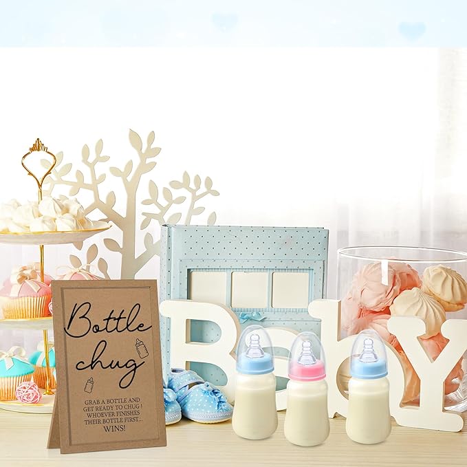 Roowest Bottle Chug Baby Shower Game Favors Including Kraft Theme Wooden Sign and 18 Pcs Baby Bottles for Gender Reveal Party Supplies