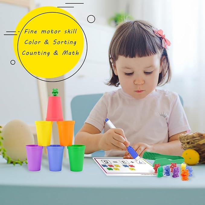 Bmag Counting Bears with Matching Sorting Cups, Preschool Math Learning Game with 24 Big and Little Bears, STEM Educational Learning Activities for Kids Age 3-5