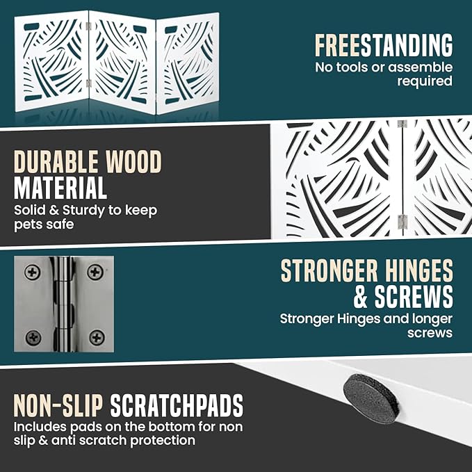 Bundaloo Freestanding Dog Gate Expandable Decorative Wooden Fence for Small to Medium Pet Dogs, Barrier for Stairs, Doorways, & Hallways (Swirl)