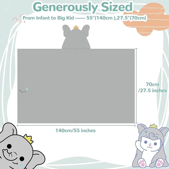 HECCEI HoodieHug Baby Towels, Premium Coral Fleece Bath Towel with Large Size-Ultra Absorbent for Baby Comfort- Great Gift for Newborn, Toddler and Kid (Elephant)