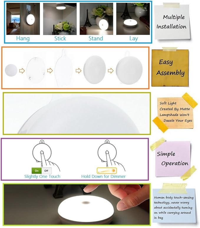 Rechargeable Touch Light, DIY Stick Anywhere Led Night Light Touch Lamp Tap Light (Touch Sensor Switch, Stepless Dimmer, Last Setting Memory, Built-in Battery Powered, Warm White Light)