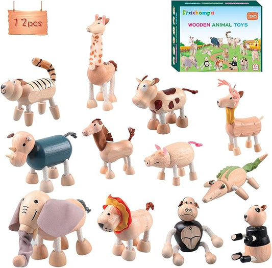 12PCS Bendable Wooden Animal Toys, Fun and Posable Animal Toys for Early Education, Smooth Natural Wood, Safari Farm Wood Animals Learning Toy for Kids