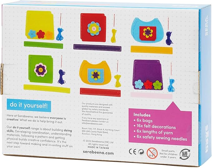 Serabeena Sew Your Own Bags - Sewing Kit for Kids - Felt Crafts for Ages 6-8 Plus - DIY Set Teaches Basic Stitch & Develops Fine Motor Skills - Fun Party Favors or Gifts - 6 Bags & Accessories