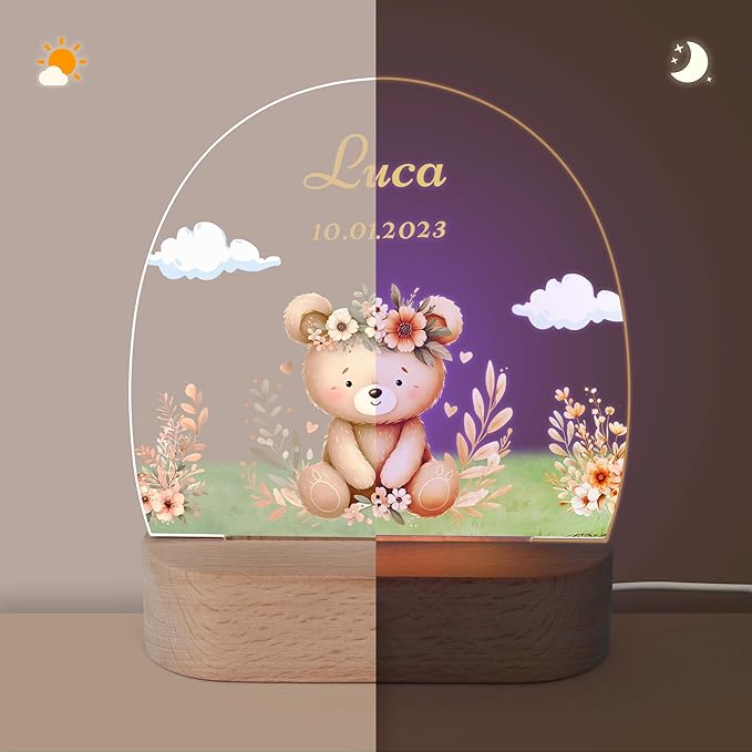 callie Acrylic Night Light Name Plate Personalized, Custom Cute Animal Dog Cat with Wooden Base Bedroom Decor, Birthday Gifts Kid Gifts for Family (Animal Bear Fox)