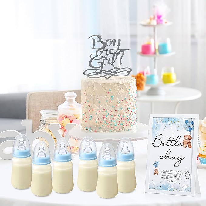 Roowest Bottle Chug Baby Shower Games Favors Including 18 Pcs Feeding Bottles with Blue Bear Theme Wooden Sign for Gender Reveal Baby Shower Party Supplies