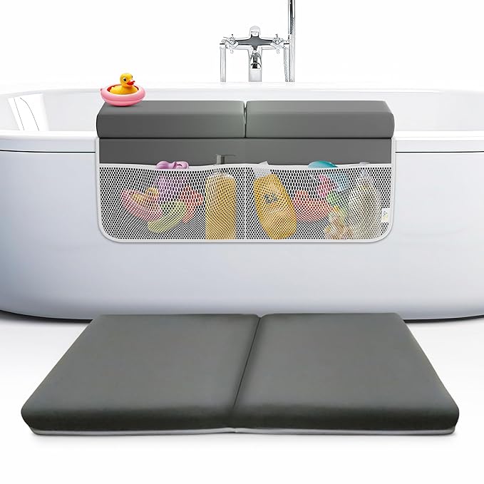 Memory Foam Bath Kneeler and Elbow Rest Pad Set, 2-Inch Thick, Water-Resistant Mat – Baby Bath Time Essentials Cushion and Bath Kneeling Pad for Bathing Baby with Bathtub Toy Organizer.