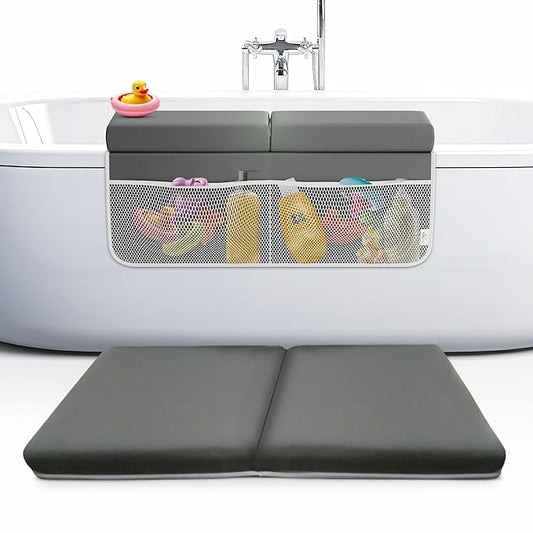 Memory Foam Bath Kneeler and Elbow Rest Pad Set, 2-Inch Thick, Water-Resistant Mat – Baby Bath Time Essentials Cushion and Bath Kneeling Pad for Bathing Baby with Bathtub Toy Organizer.