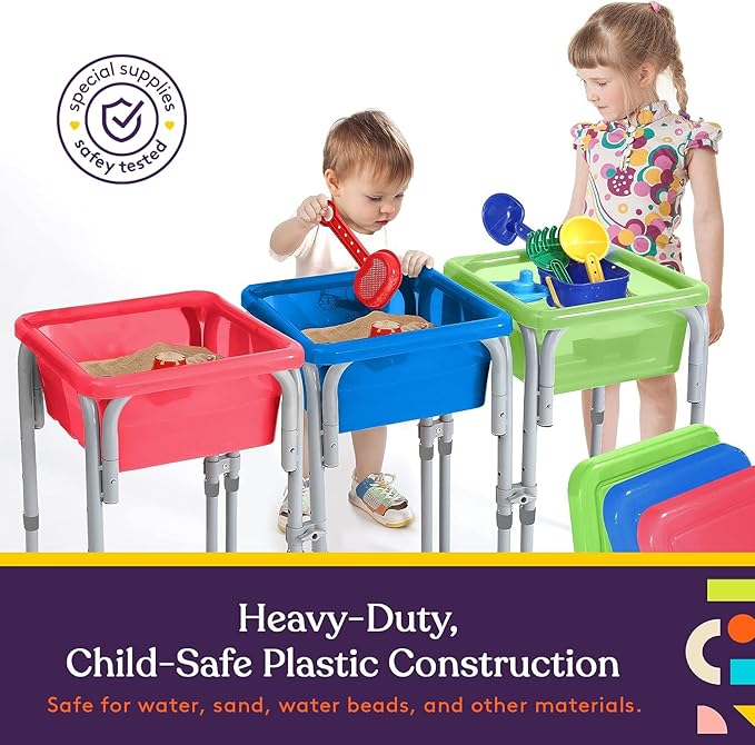 Special Supplies Sensory Activity Table for Kids and Toddlers -with Plastic Buckets and Beach Toys for Interactive Learning - Water, Sand, and STEM Play (Three Buckets - Green + Blue + Red)