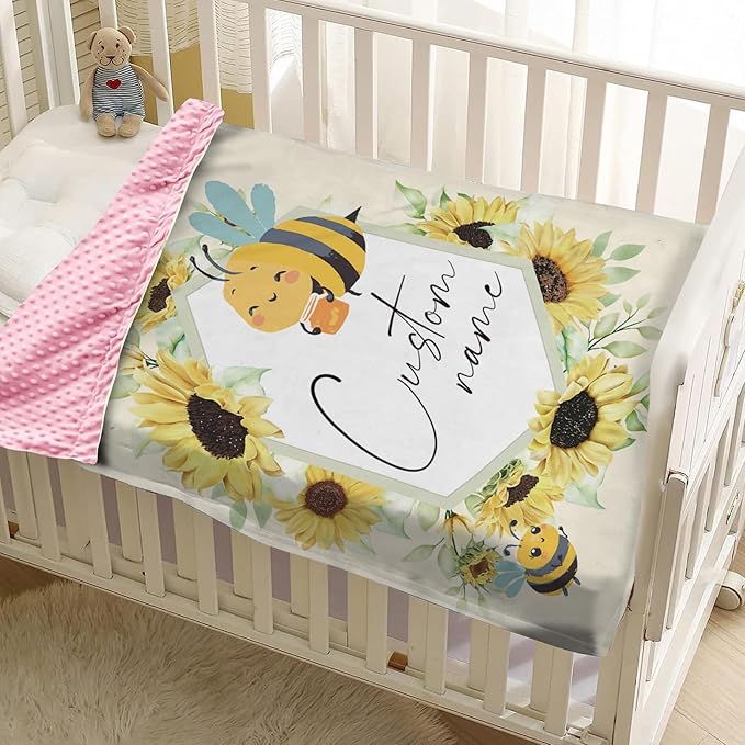Personalized Newborn Blanket – Soft Flannel Receiving Swaddle with Double-Layer Dotted Backing – Bee and Yellow Flower Design