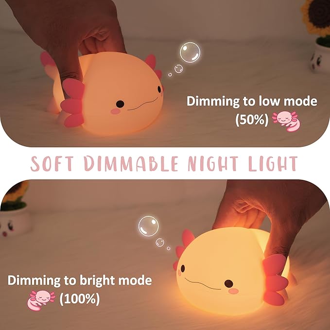 Axolotl Night Light, Cute Night Light for Kids, Animal Silicone Nursery Night Lamp, Timer Dimmable Rechargeable LED Nightlight, Soft Feeding Room Decor Bedside Lamp Gifts for Kids Girls Boys Women