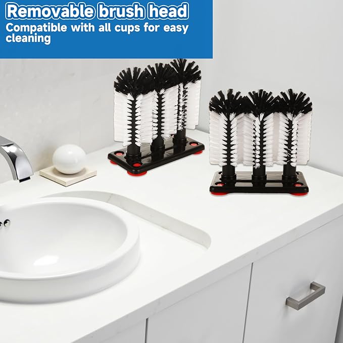 STARVAST 2Pcs Water Bottle Cleaning Brush with Suction Base, Black 3 Head Bristle Bar Glass Washer, Cup Washer Brush Cleaner for Bar Beer Cup, Wine Glass(7.3 x 3.7 x 7.6) Inch