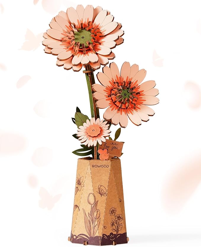 3D Flower Wooden Puzzles for Adults-Gerbera Daisy, DIY Wooden Flowers Model Kit Building Set Crafts for Adults to Build, Botanical Collection/Ideal Creative Gift Ideas/Housewarming (105PCS)