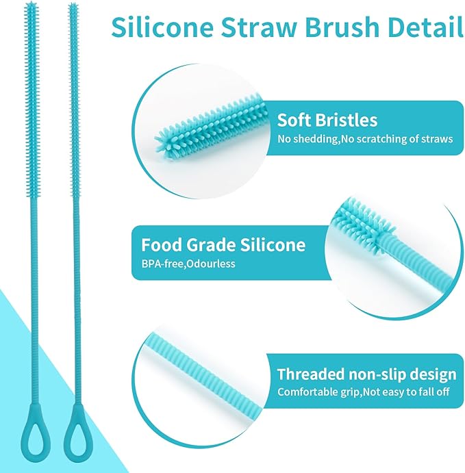 2Pcs Silicone Straw Cleaner Brush, 9.84in Reusable Straw Cleaner with Bendable Steel Core, Extra Long Soft Bottle Brush for Clearing Glass Straws, Smoothie Straws, 9mm&6mm (Blue)