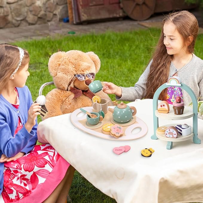 Atoylink Wooden Tea Party Set for Little Girls 28 Pcs Toddler Tea Set with Cupcake Stand & Food Pretend Play Accessories Kids Kitchen Playset Wooden Toys for 2 3 4 5 6 Year Old Girl Birthday Gift