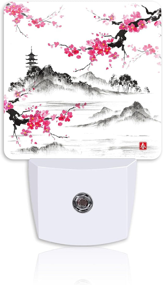 Cherry Blossom Lake and Hills Night Light Plug Wall,Japanese Sumi-e Painting LED Night Lights with Dusk to Dawn Light Sensor for Women Girls Boys Room Decor,Hallway,Kitchen,Bathroom,Nursery,Stairs