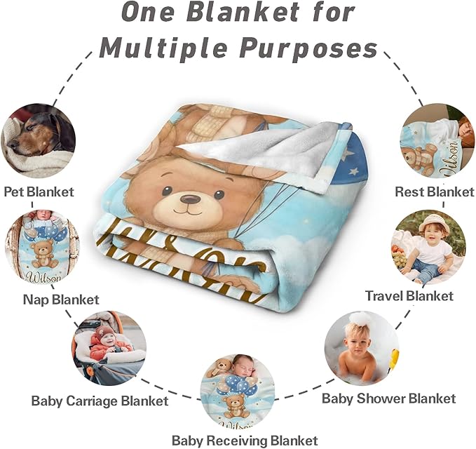 Personalized Baby Blanket for Boys Girls, Ultra Soft Cozy Custom Baby Blanket with Name for Kids Toddlers Fleece Bed Throw Blanket for Newborn Kids for Birthday Christmas Customized