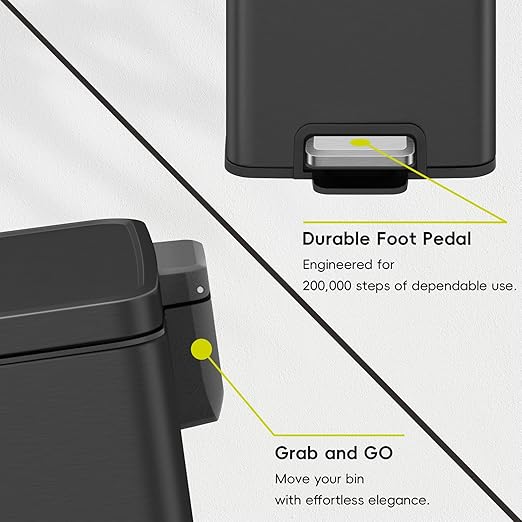 EKO Madison Matte Black 12L / 3.2 Gal Bathroom Trash Can with Lid and Removable Inner Basket, Rectangular Small Step Trash Can