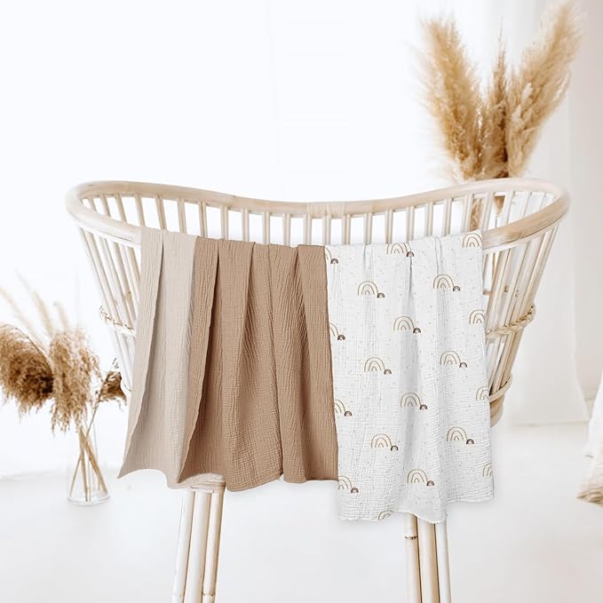 lulumoon Baby Muslin Swaddle Blankets: Soft Receiving Blanket for Newborn - Cotton Swaddling Blanket for Neutral 3Pack(Rainbow Brown)
