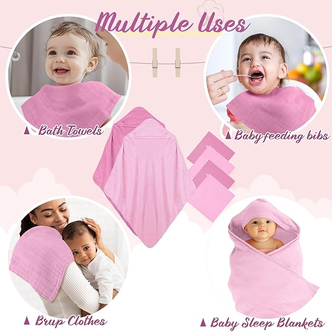 Preboun 6 Pcs Muslin Hooded Baby Towels and Washcloths 32"x 32" Cotton Newborn Bath Towel Anti-Shrink Infant Baby Blankets with Hood 12"x 12" Washcloths for Girl Boy Toddler(Rose Red,Pink)