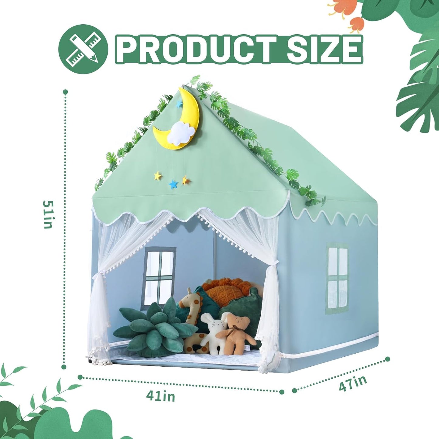Wilwolfer Kid Tent with Mat, Star Lights - Kids Play Tents for Toddlers Kids Tents Indoor Playhouse - Princess Tent for Girls Toy House Gift (Green with Mesh)