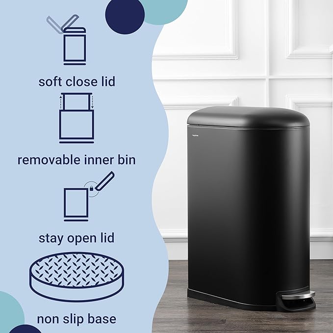happimess HPM1009B Roland Mini 2.6-Gallon Step-Open Trash Can with Soft-Close Lid, Modern, Minimalistic, Fingerprint Proof for Home, Kitchen, Laundry Room, Office, Bedroom, Bathroom, Black