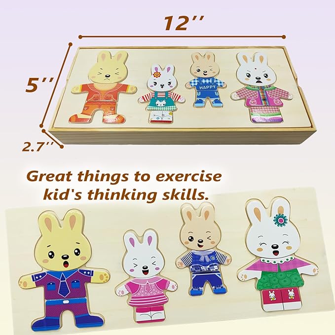 Wooden Bunny Family Dress-up Puzzle Box for Toddlers(72pcs),Change Clothes Puzzle Games, Preschool Learning Activities Toys for Kids Ages 3+