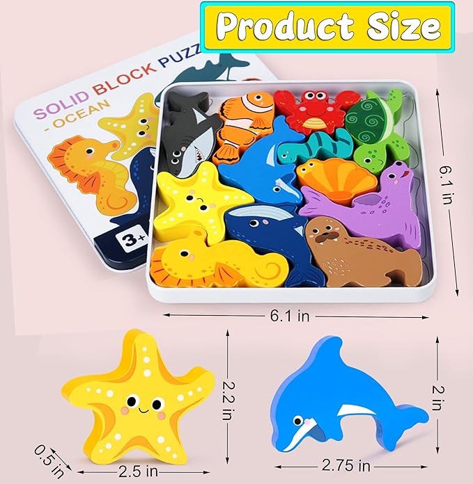 Wooden Animal Puzzles Toys for Toddlers,12 Pcs Sea Animals Figures,Animal Matching Sorting Stacking Toy for Boys Child Girls,Educational Learning Toys Gift for Kids