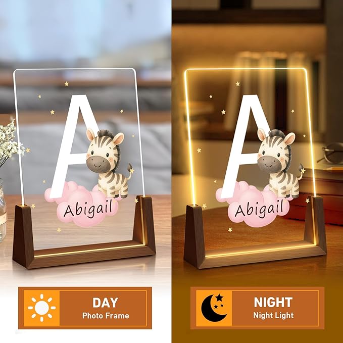 Custom Baby Gift Night Light for Baby Boys Girls Nursery Decor, Personalized Initial Name LED Night Light with Wooden Base, LED Color-Changing Lamp for Toddlers Kids 3