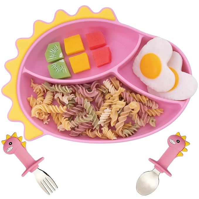 Silicone Suction Plates for Baby Toddler with Stainless Steel Spoon Fork set Divided Dinosaurs Plates Self Feeding Training Baby Dinner Plate-Pink Dinosaurs Plate Set