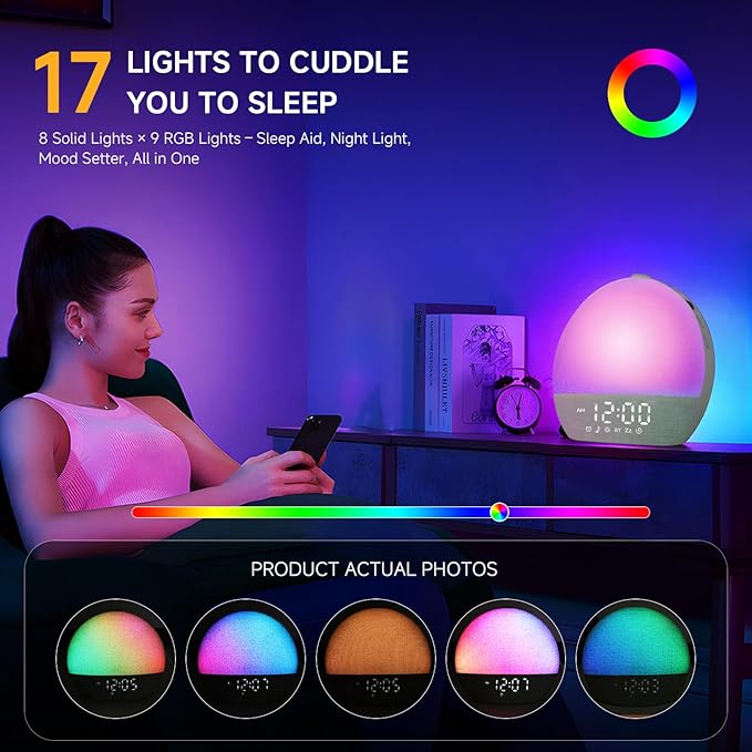 Sunrise Alarm Clock White Noise Sound Machine for Bedroom | Natural Wake-Up Light with 30 Soothing Sleep Aids, Bluetooth Speaker, Dimmable Clock, Screen-Free Design for Baby Adults Kids-Green