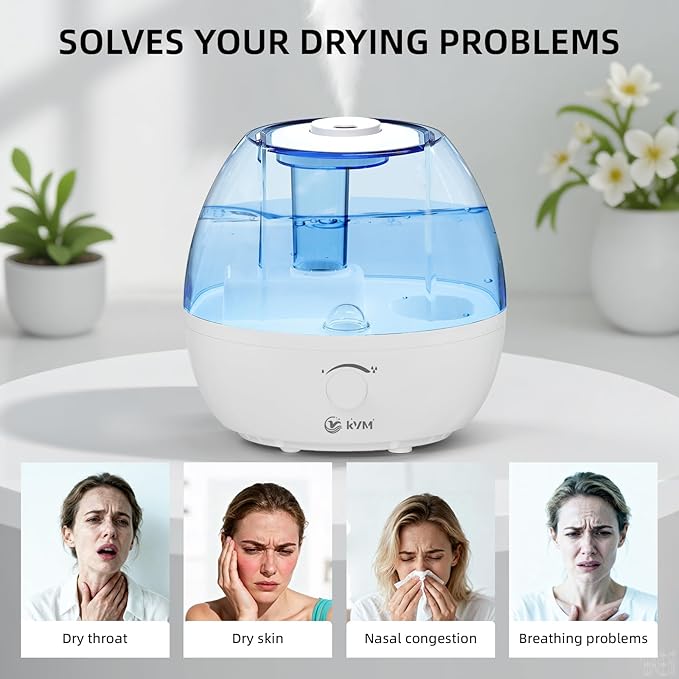 KVM Ultrasonic Cool Mist Humidifier, Quiet Air Humidifiers for Bedroom, Nursery, Office, & Indoor Plants, 360 Rotation Nozzle & 2L Water Tank & Night Light