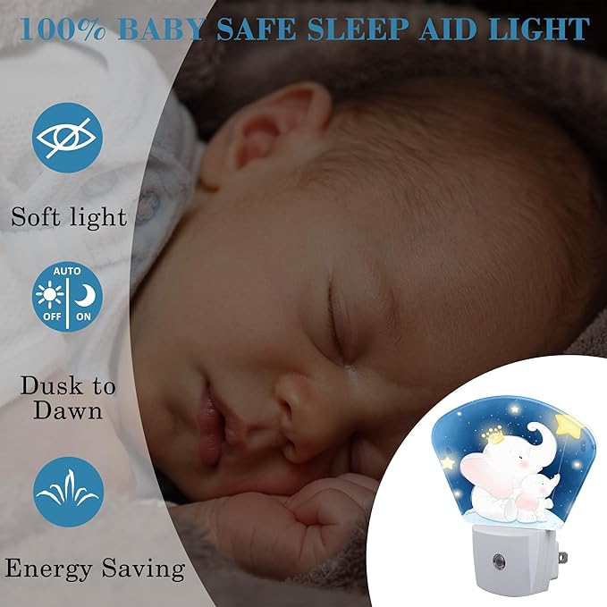 Cute Elephant Mother and Child Night Light for Kids, Elephant Sitting in Moon LED Night Light Plug into Wall with Dusk to Dawn Sensor for Girls Boys Bedroom, Kitchen, Bathroom, Stairs Decor