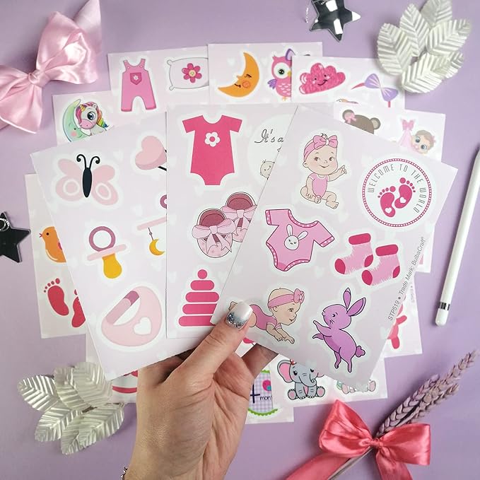 BulbaCraft Baby Girl Stickers, 100Pcs Multicolor Vinyl Decals, Waterproof, Reusable, Multipurpose for Scrapbooking and Party Decor, Newborn, Baby Shower Favors for Girls, Baby Girl Month Stickers