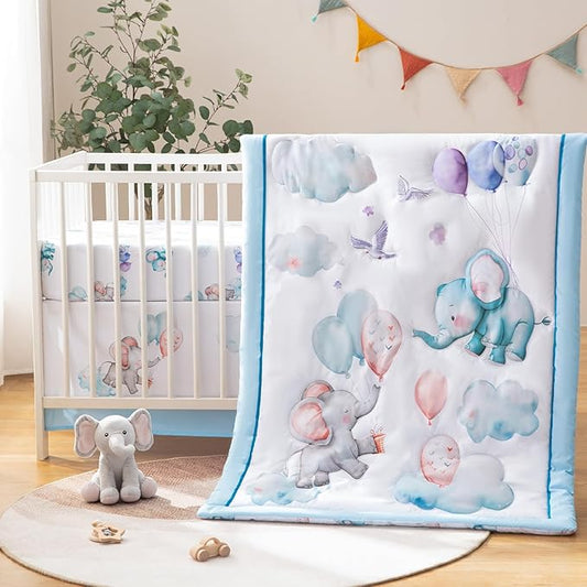 4 Piece Crib Bedding Set for Boys Girls, Infant Toddler Nursery Baby Bedding Sets Includes Cartoon Quilt, Fitted Crib Sheet, Crib Skirt and Plush Elephant Toy