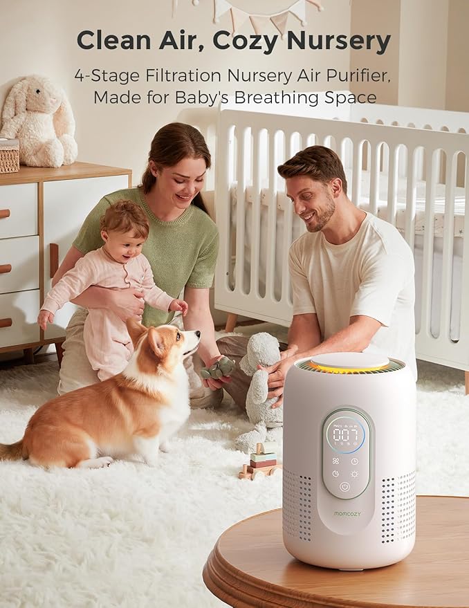 Momcozy Nursery Air Purifier, 4-Filter System with H13 HEPA & Carbon, Real-Time PM2.5 Air Quality Monitor & Display with 3-Color Status, Baby Air Purifier with 21 dB Sleep Mode, Dimmable Night Light