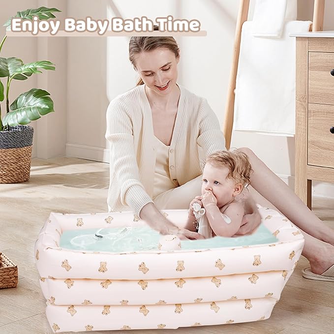 Inflatable Baby Bathtub with Built-in Air Pump, Portable Bathtub for Babies 0-5 Years Old, Small Ball Pool, Foldable Bath Tub for Travel, 30.7 x 14.6 Inch (Bear)
