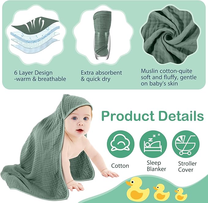 Peryiter 4 Pcs Muslin Hooded Baby Towels, 32"x 32" Cotton Newborn Bath Towel Muslin Infant Baby Blankets Absorbent Unisex Christmas Registry Gift Essentials for Girls Boys (Green,Gray,Brown,Blue)