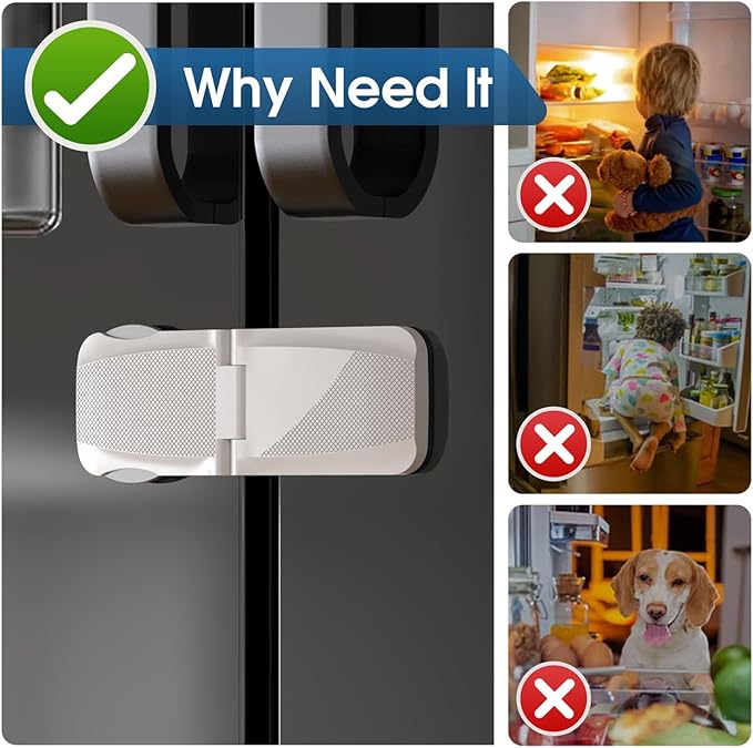 2 Pack Cabinet Locks Baby Proofing, QYESWHSR Fridge Locks for Kids with 3M Adhesive Pad, Child Proof Cabinet Locks French Door Refrigerator Freezer Lock RV Refrigerator, Oven Lock Easy Use (White)