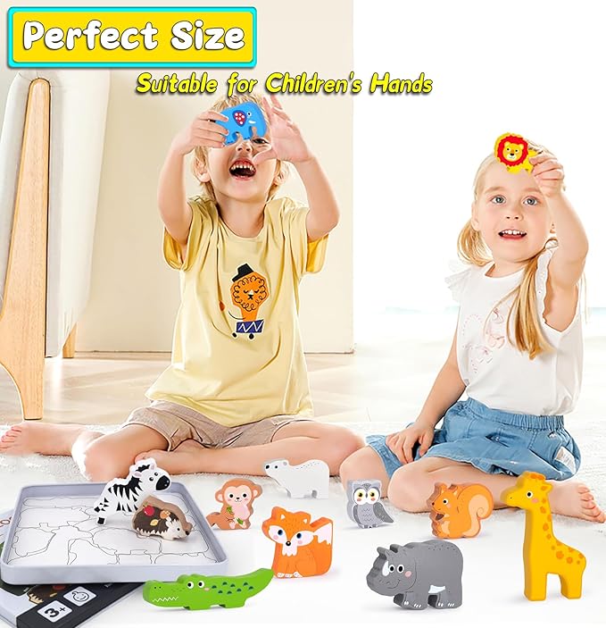 Wooden Animal Puzzles Toys for Toddlers,12PC Safari Animal Figures,Animal Matching Sorting Stacking Toys for Boys Child Girls,Educational Learning Toys Gift for Kids (Safari)