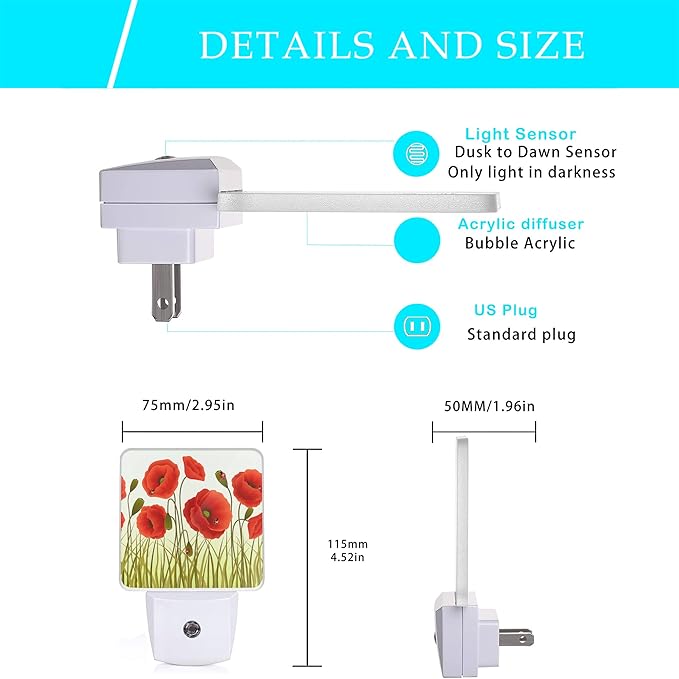 Red Flowers Night Light,Red Poppy Flowers and Ladybugs Plug-in Night Lights with Dusk-to-Dawn Sensor for Stairway/Hallway/Bedroom Sleep Friendly lamp for Women/Girls/Boys Gift,0.5W