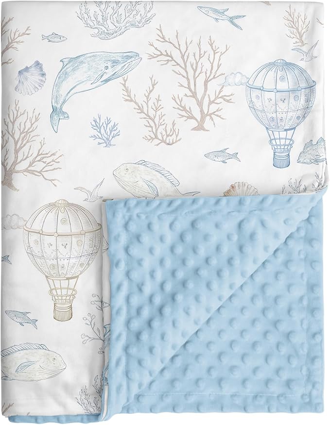 Whale Baby Fleece Blanket Neutral for Boys Girls, Soft Kid Throw Minky Blanket Double Layer with Dotted Backing, 30 x 40 Inch Blue Whale Hot-air Balloon Print