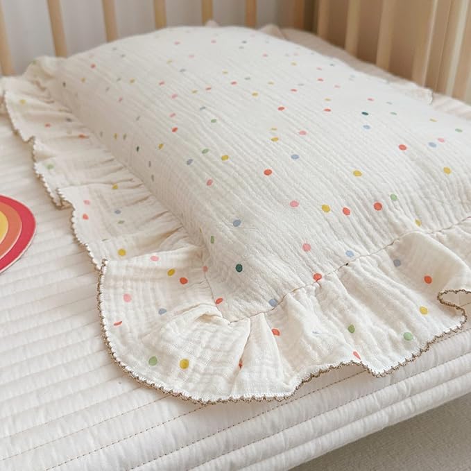 BuLuTu Kids Toddler Pillowcases Muslin Cotton Toddler Pillow Cases Colorful Dots Pattern, Girls Boys Bedding Pillow Covers, Soft Breathable Pillow Protector Envelope Closure,1 Piece,14"x20"