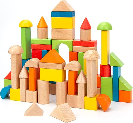 Wooden Building Blocks Set - Stacker Stacking Preschool Learning Educational Toys with Carrying Bag, Toddler Toys for 3+ Year Old Boy and Girl Gifts (80 Pcs)