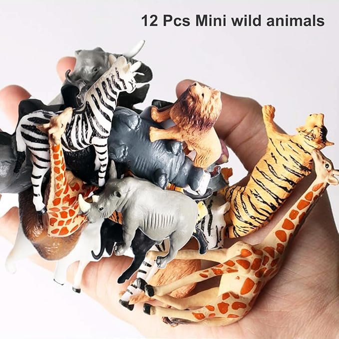 RUSON 12 Pcs Mini Safari Animals Figures Toys, Realistic Jungle Zoo Animal Figurines Cake Topper Toy Set Christmas Birthday Easter Egg Gift Party Supplies for Kids Toddlers