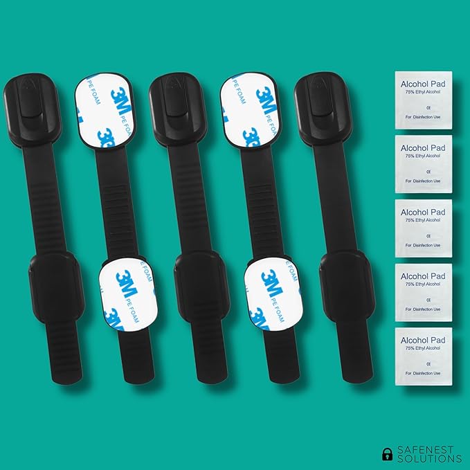 SAFENEST Child Proof Cabinet Locks (5 Pack Black) 3M Adhesive for Cabinets and Drawers, Fridge, Drawer Locks Baby Proofing, No Drilling; Alcohol Prep Pads Included