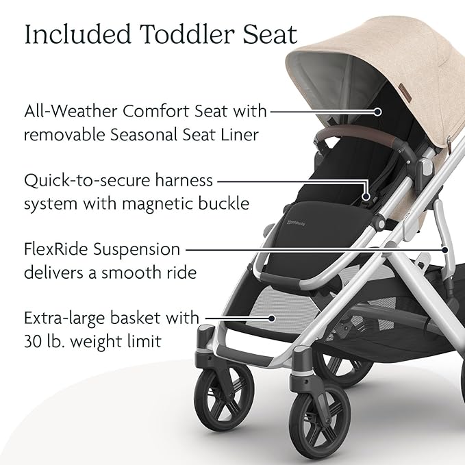 UPPAbaby Vista V3 Stroller + Bassinet V3 - Convertible Single-to-Double Stroller System- Bassinet, Toddler Seat, Bug Shield, Rain Shield Included - Declan (Oat Mélange/Silver Frame/Chestnut Leather)