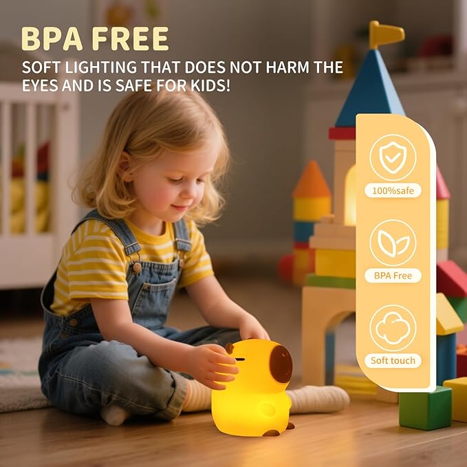 Capybara Night Light, Cute Squishy Silicone Night Light for Kids, Long-Lasting Rechargeable, Tap to Adjust Brightness, Safe Capybara Gifts for Bedroom Nursery, Capybara Lamp